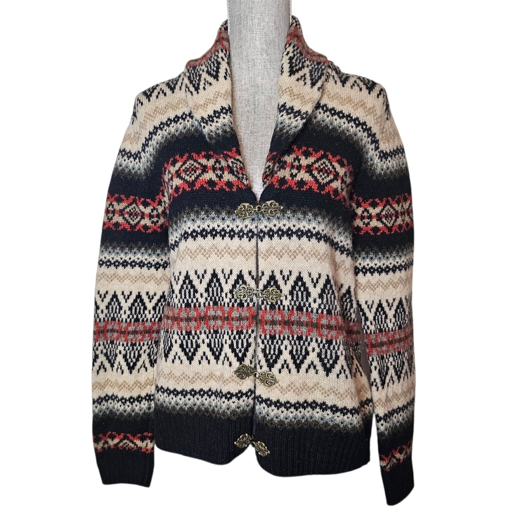 Y2K 100% Wool Cardigan Sweater - Women's Size M - Vintage Aztec Fair Isle Nordic